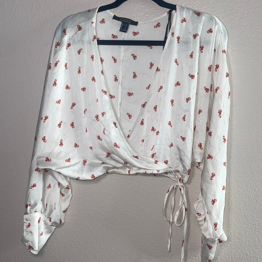 Silky Long-sleeve V-neck Crop Top w/ Tie